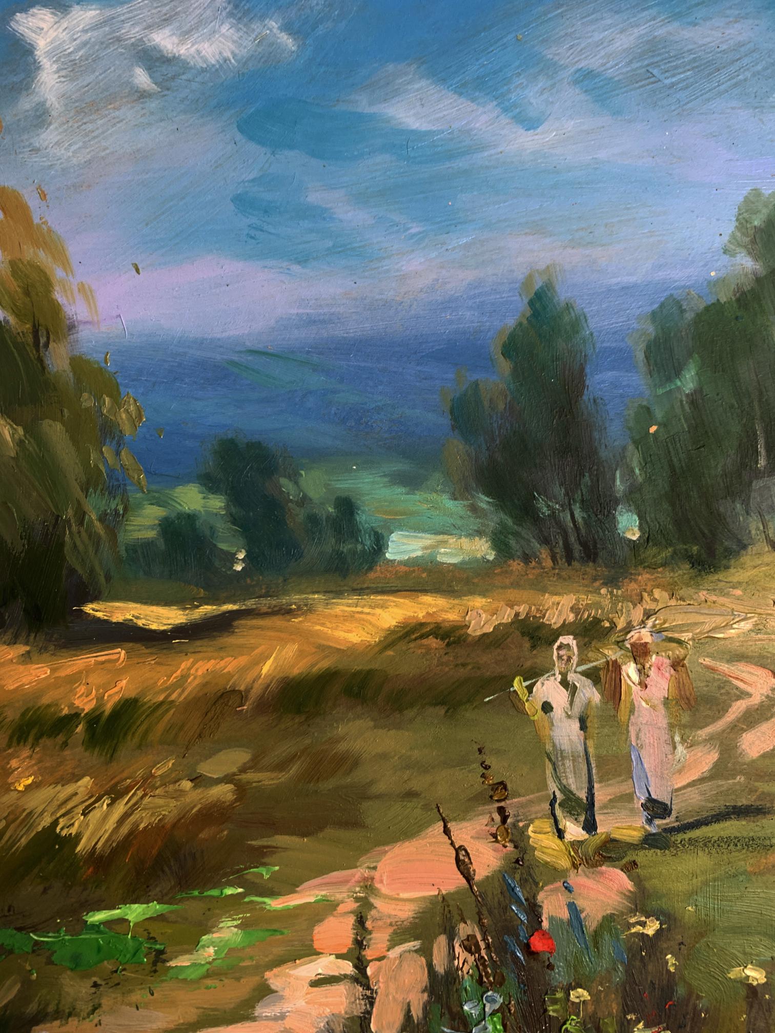 Vibrant impressionist oil painting of figures on flower field path by Yuriy Suprunchuk