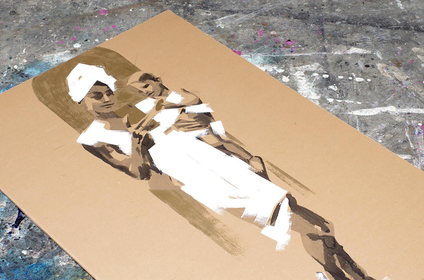 Minimalist acrylic painting Madonna by Dima Filatov, reclining woman