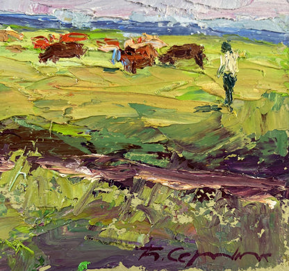Vibrant impressionist oil painting Summer morning on the pasture by Boris Serdyuk