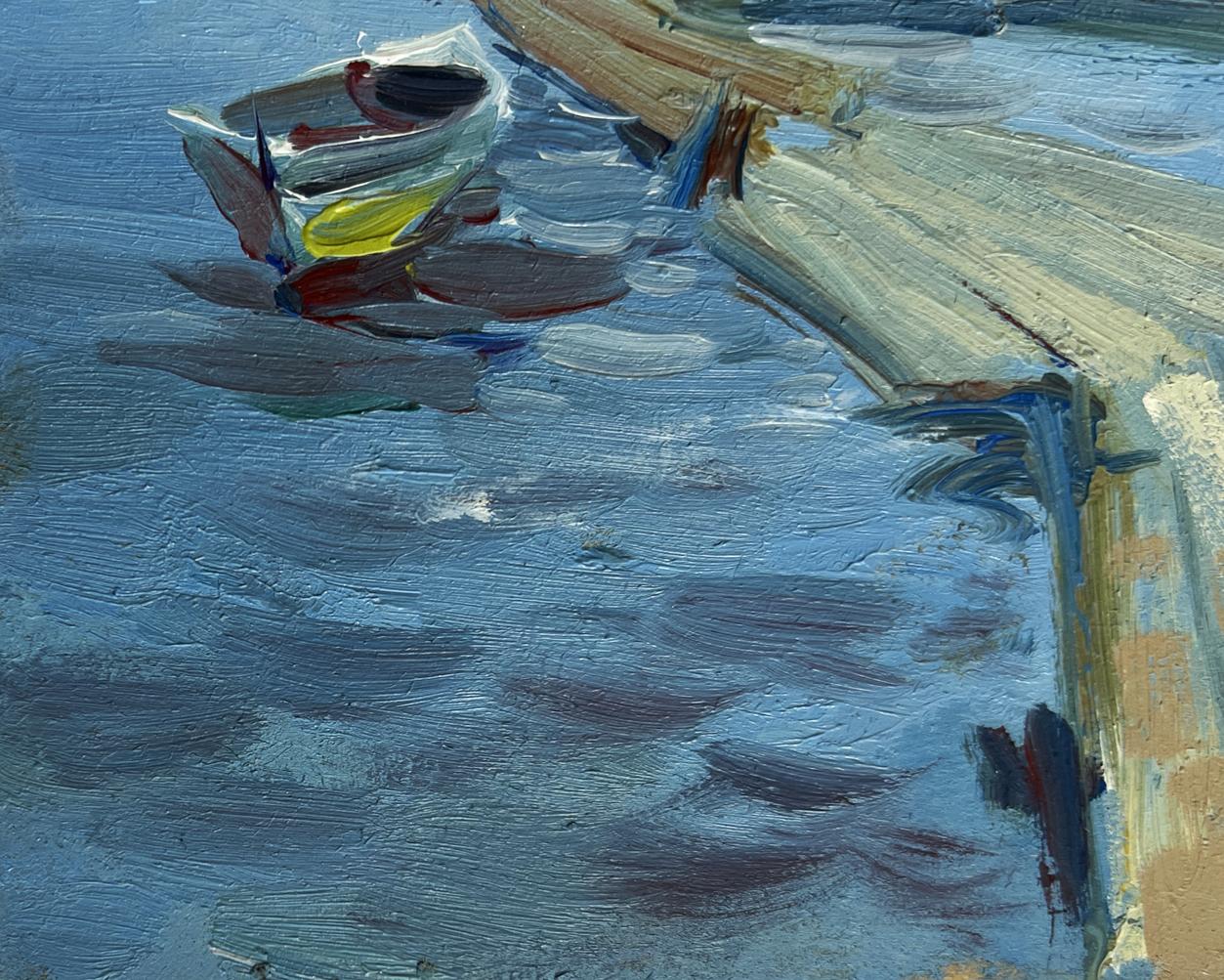 Oil painting of colorful rowboat fishing on ferry by Yuriy Suprunchuk