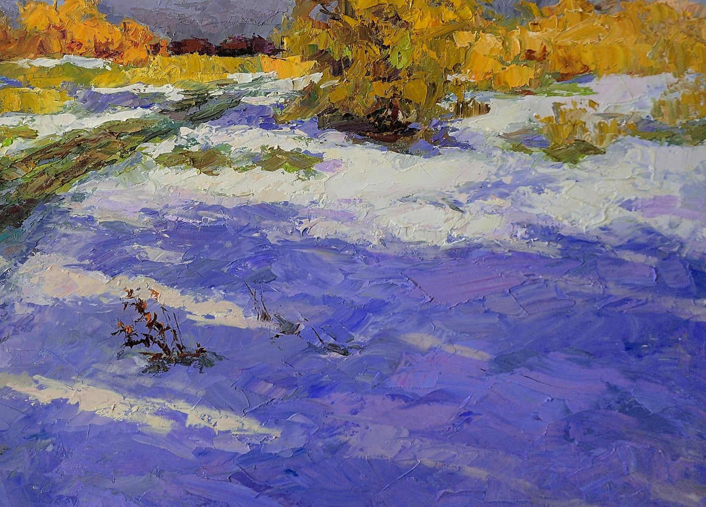 Oil painting Unexpected Snow by Boris Serdyuk: purple snowy landscape