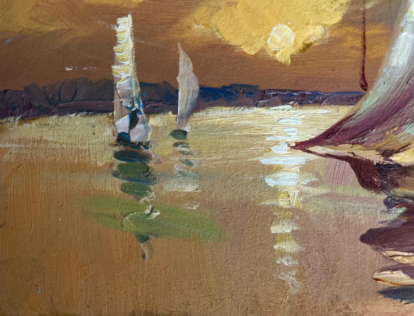 Oil painting In the evening at sea by Yuriy Suprunchuk sailboats golden waterway orange sky
