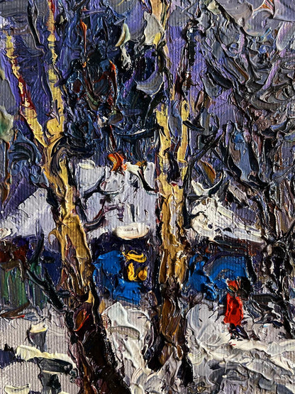 Oil painting The winter night came quickly by Oksana Ivanyuk in blue gold red