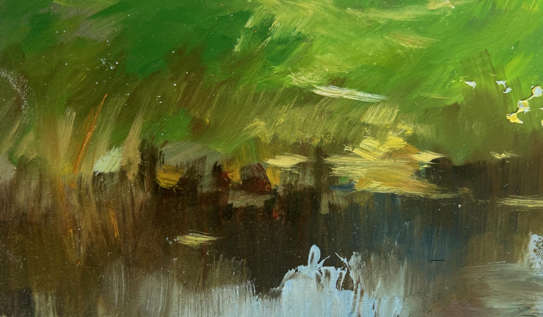 Vibrant green and brown oil painting of lonely house by river by Yuriy Suprunchuk