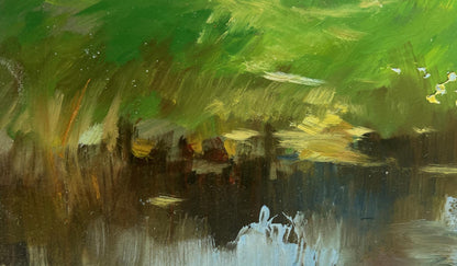 Vibrant green and brown oil painting of lonely house by river by Yuriy Suprunchuk