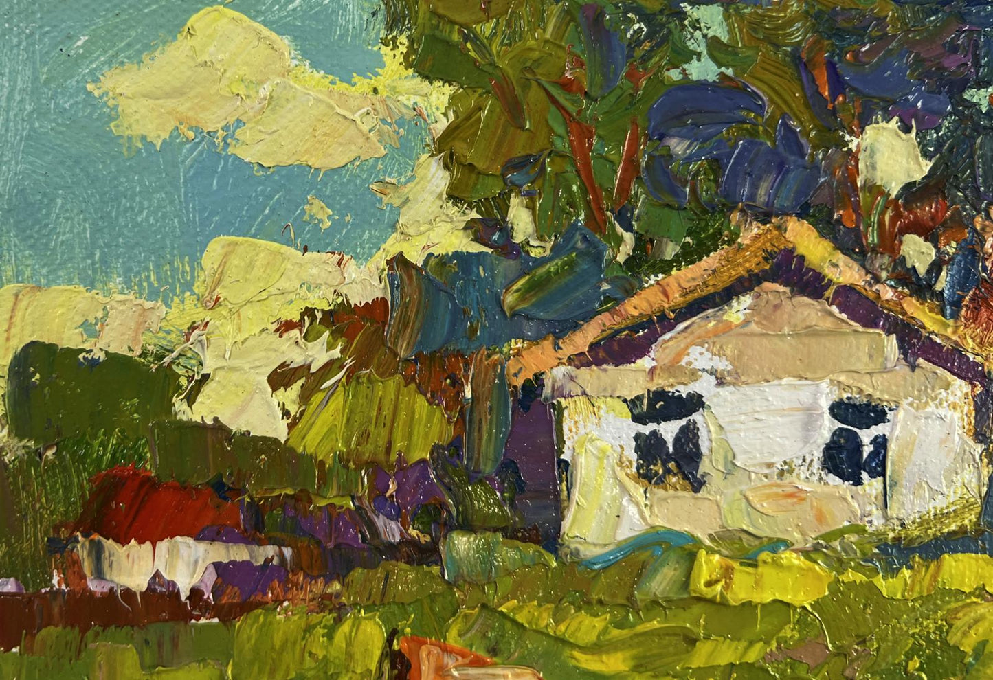 Oil painting Quiet evening dreams by Oksana Ivanyuk: rustic white house amid green purple foliage