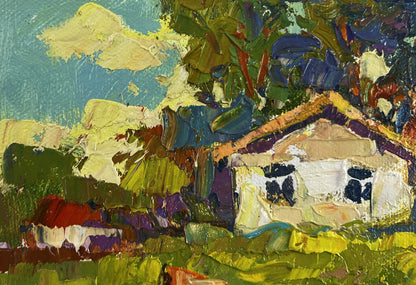 Oil painting Quiet evening dreams by Oksana Ivanyuk: rustic white house amid green purple foliage