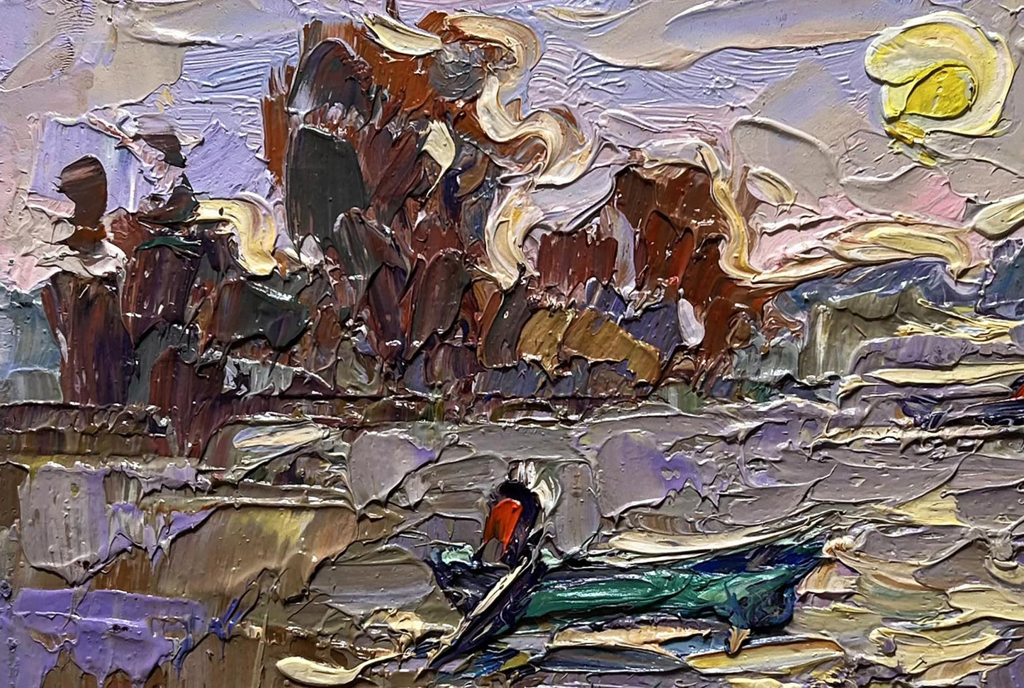 Oil painting The river rose in the village by Oleksiy Ivanyuk with rowboat on turbulent waters