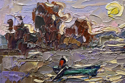 Oil painting The river rose in the village by Oleksiy Ivanyuk with rowboat on turbulent waters