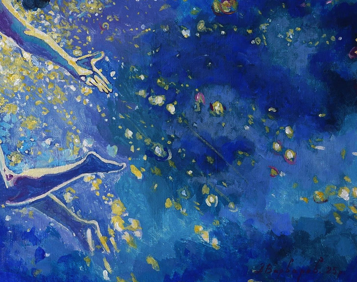 Acrylic painting Flight to the Dream by Anatoly Varvarov, abstract blue figure outstretched arms legs golden splatters