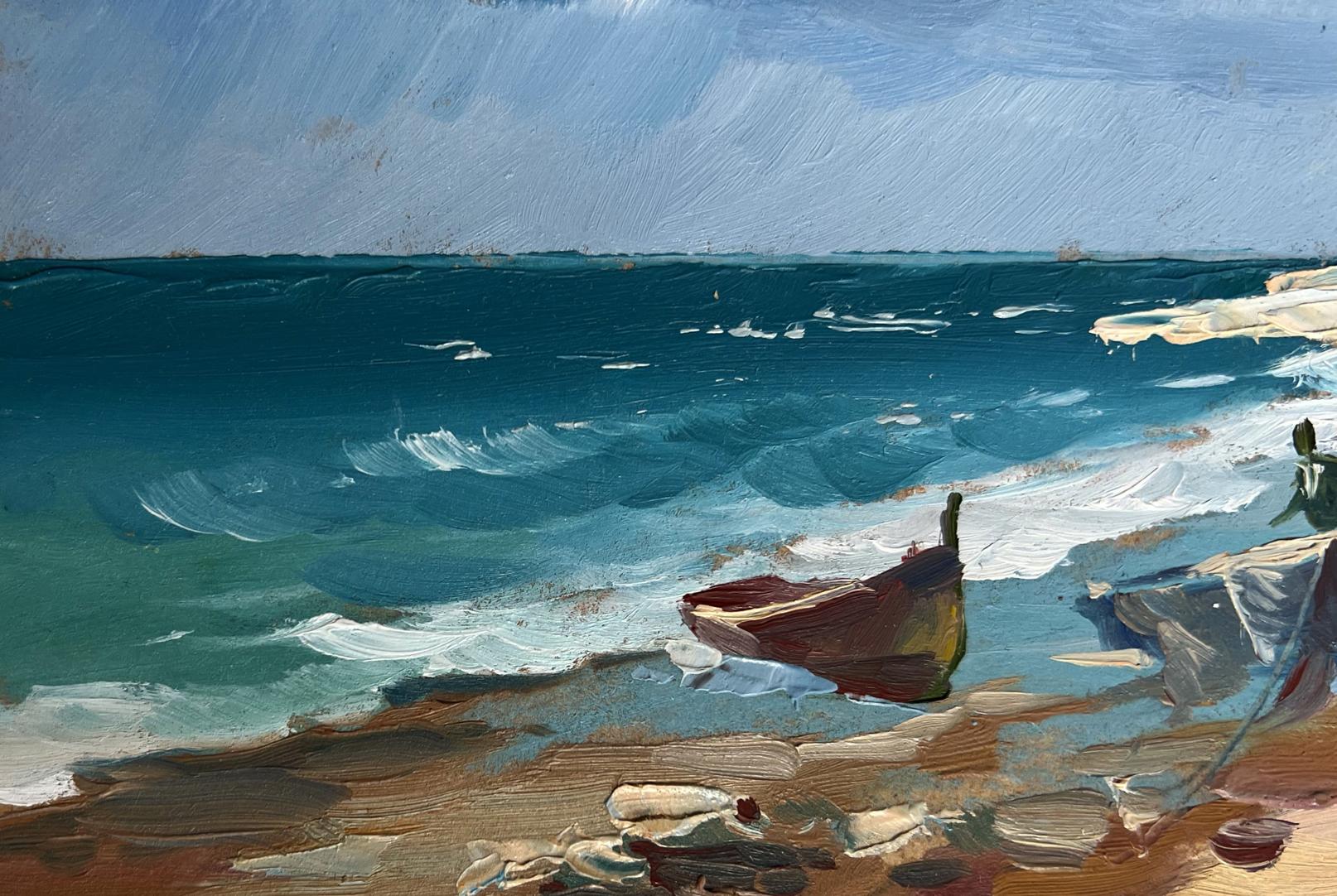 Oil painting of weathered red yellow rowboat at lighthouse by Yuriy Suprunchuk