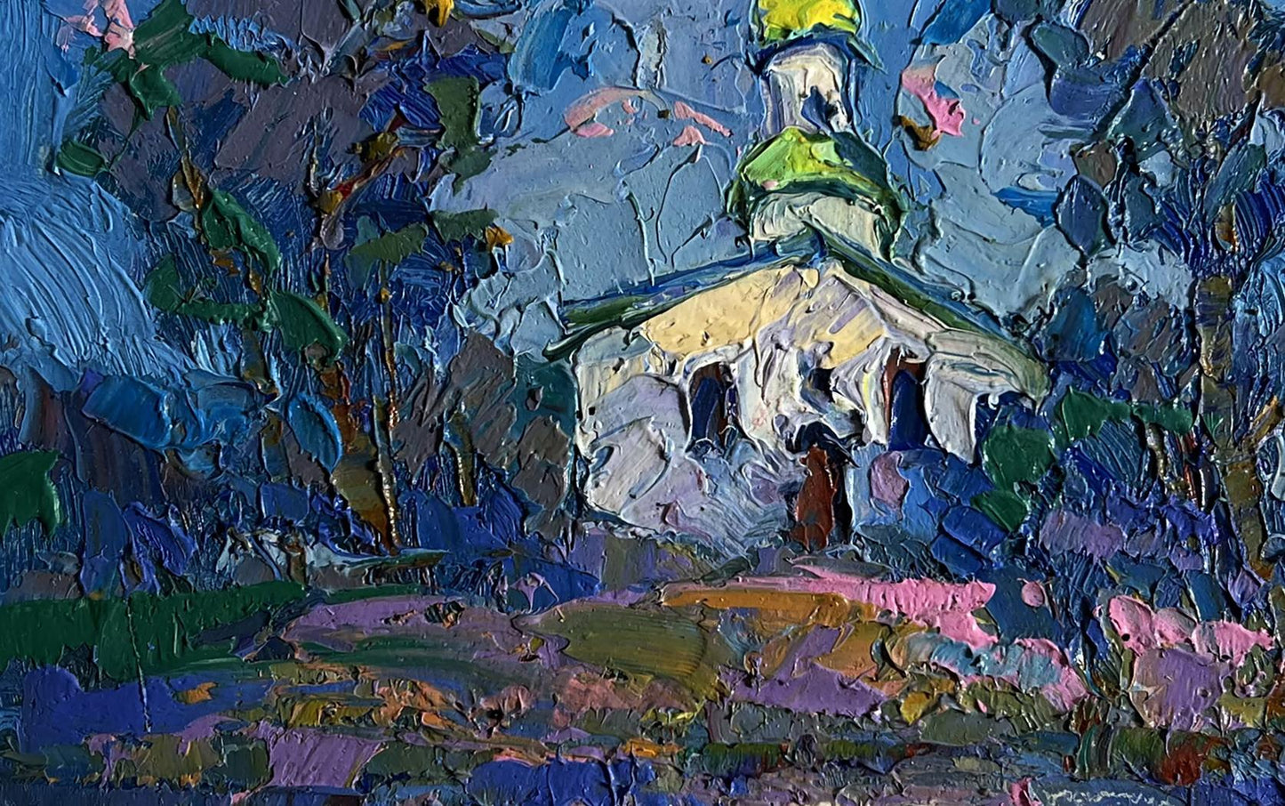 Oil painting Early in the morning at church by Oksana Ivanyuk with white church and green gold dome
