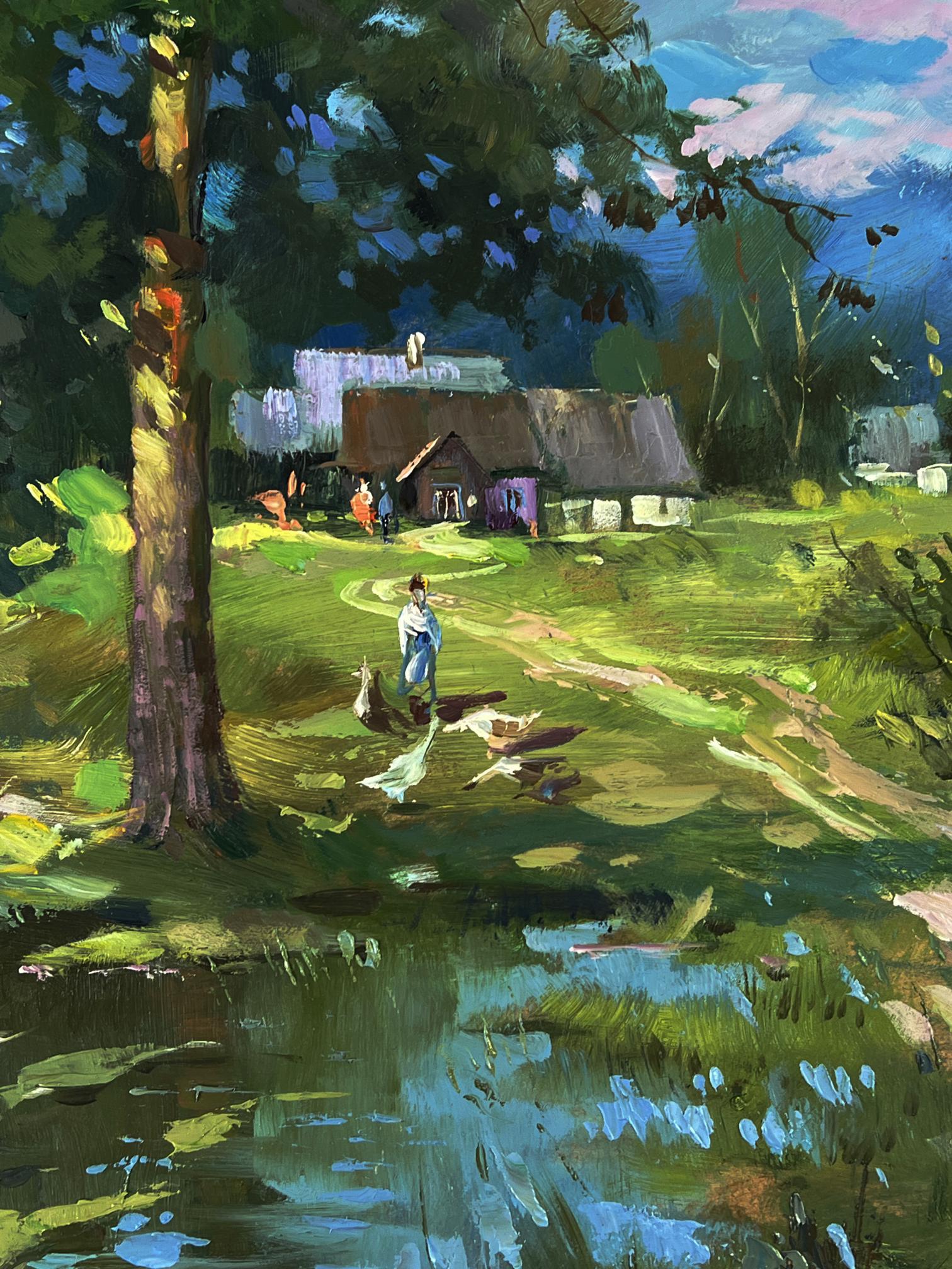 Oil painting of swamps near village by Yuriy Suprunchuk, thatched cottage by pond
