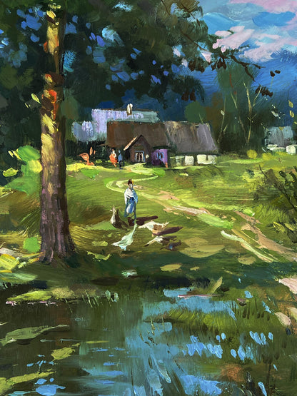Oil painting of swamps near village by Yuriy Suprunchuk, thatched cottage by pond