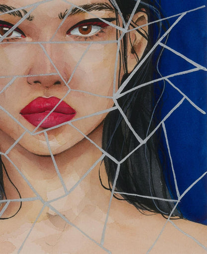 Watercolor Mosaic Victoria Kagalovska portrait with red lips, dark hair, cracked glass on blue