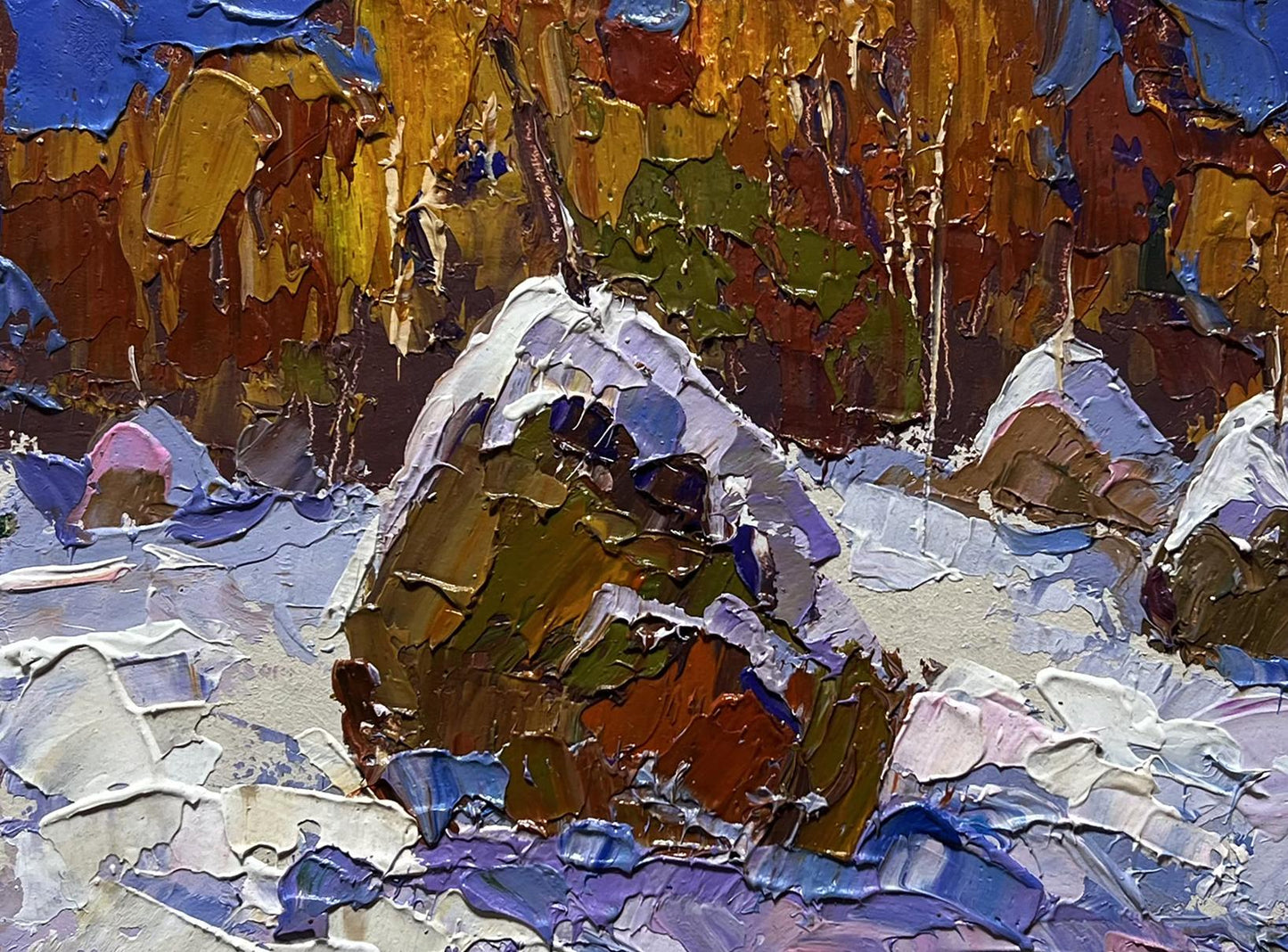 Oil painting Winter night in nature by Oksana Ivanyuk rocky landscape