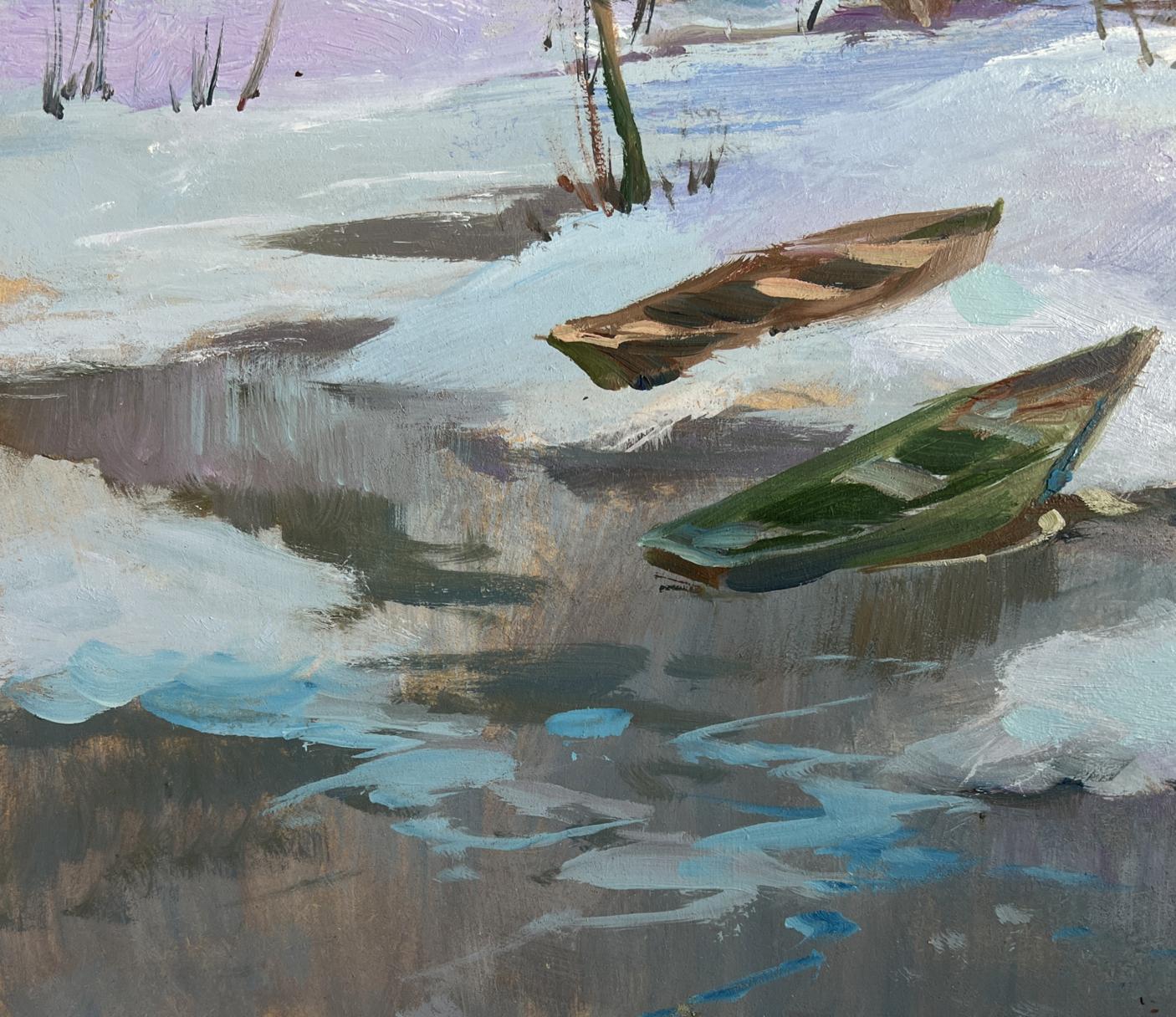 Oil painting of two weathered rowboats in icy water by Yuriy Suprunchuk