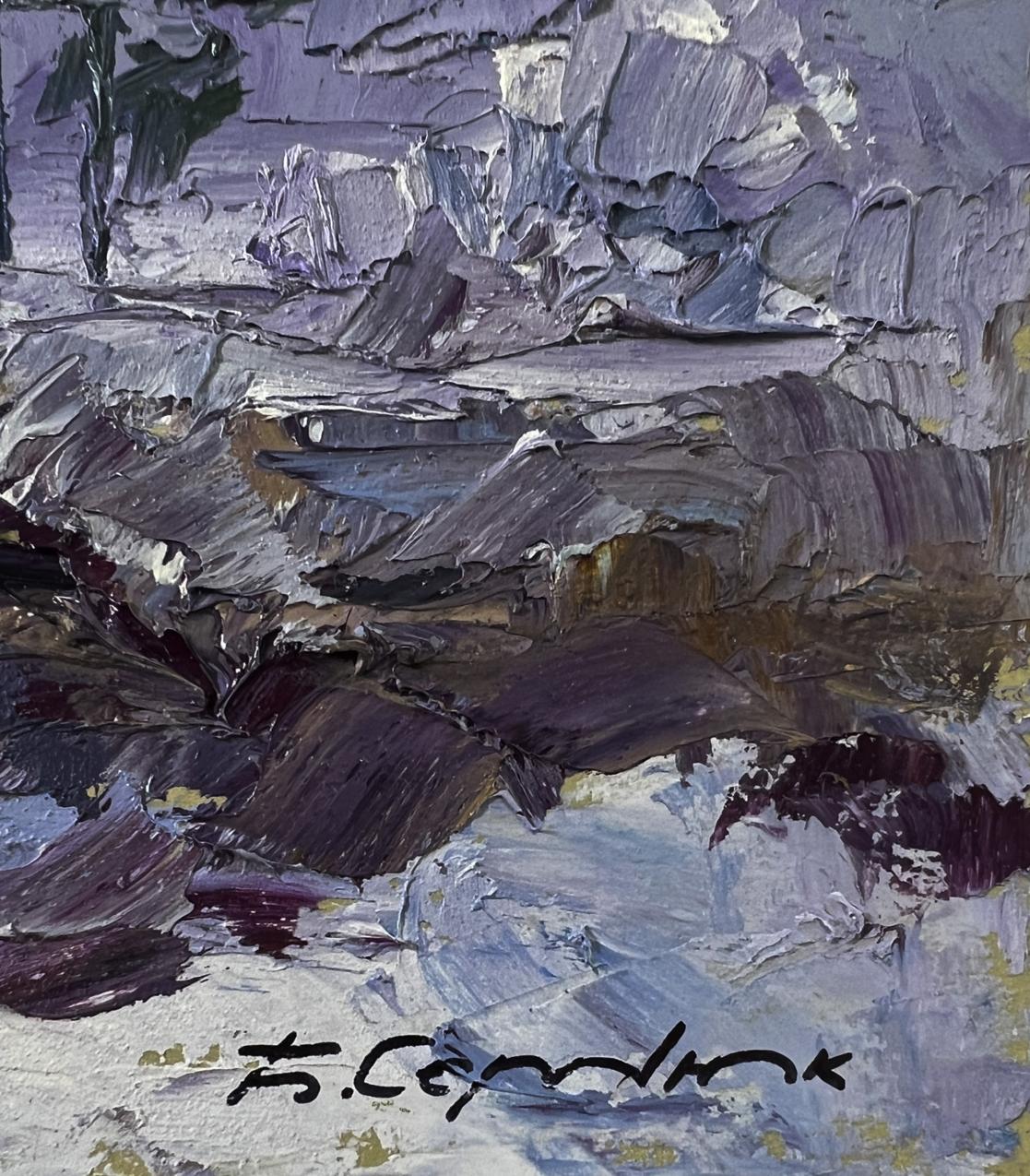 Abstract oil painting of snowy forest by Boris Serdyuk in purple, gray, brown