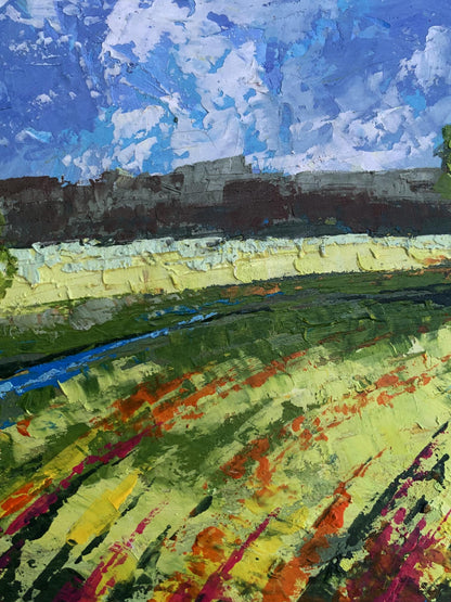 Oil painting Green fields under clear skies V. Zadorozhnya vibrant landscape