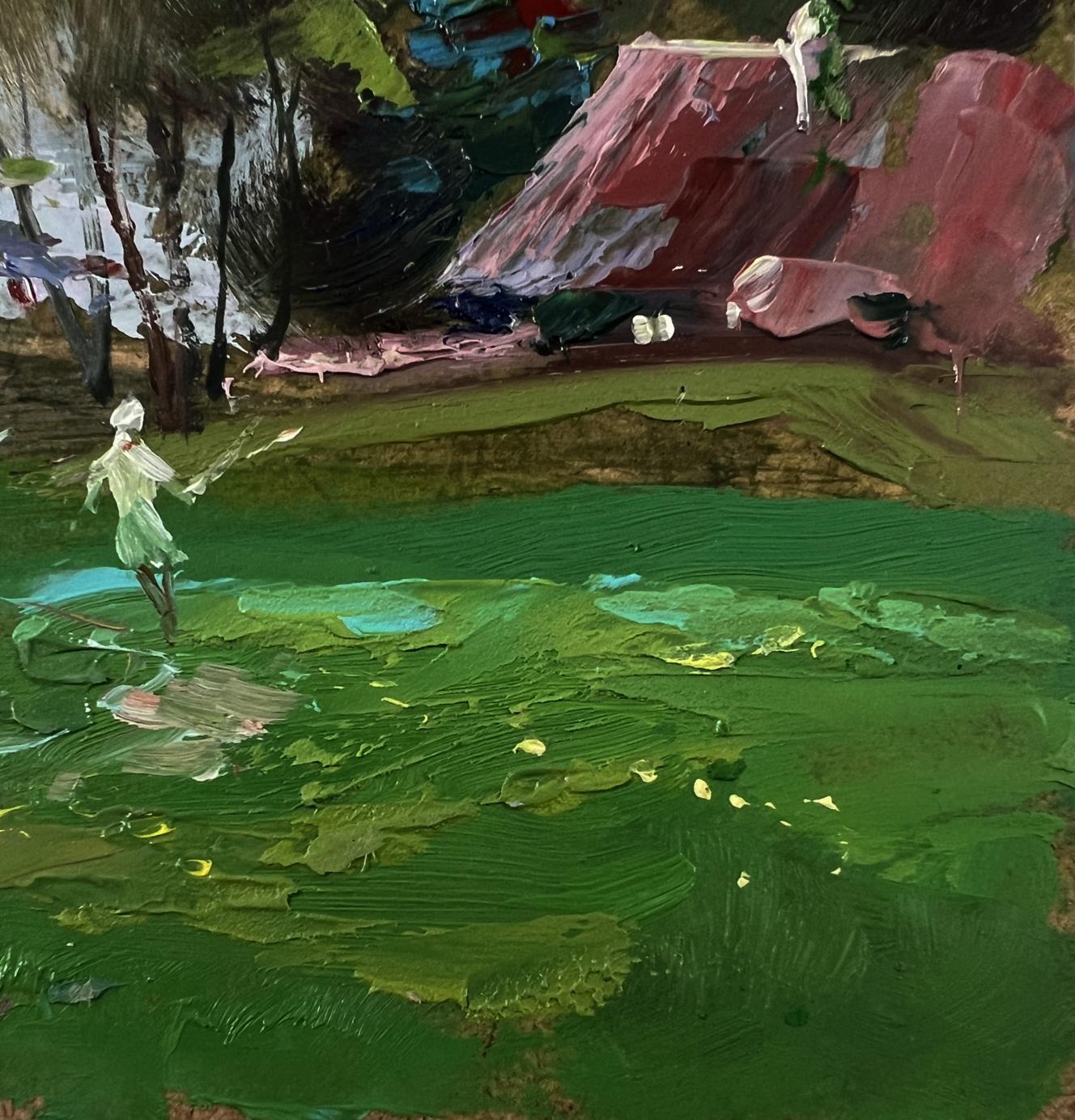 Oil painting of country geese by Yuriy Suprunchuk, impressionistic green figure on water