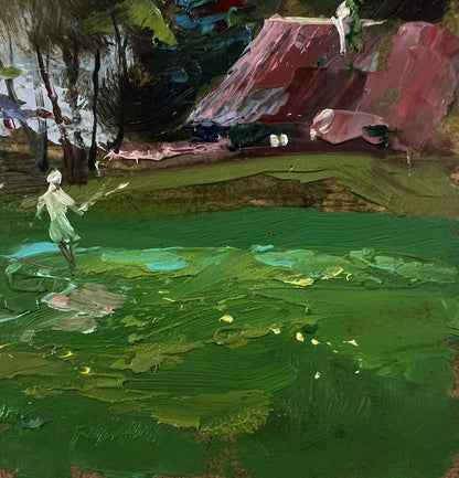 Oil painting of country geese by Yuriy Suprunchuk, impressionistic green figure on water
