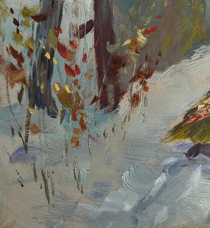 Oil painting Home on a winter evening by Yuriy Suprunchuk with bold leaf strokes