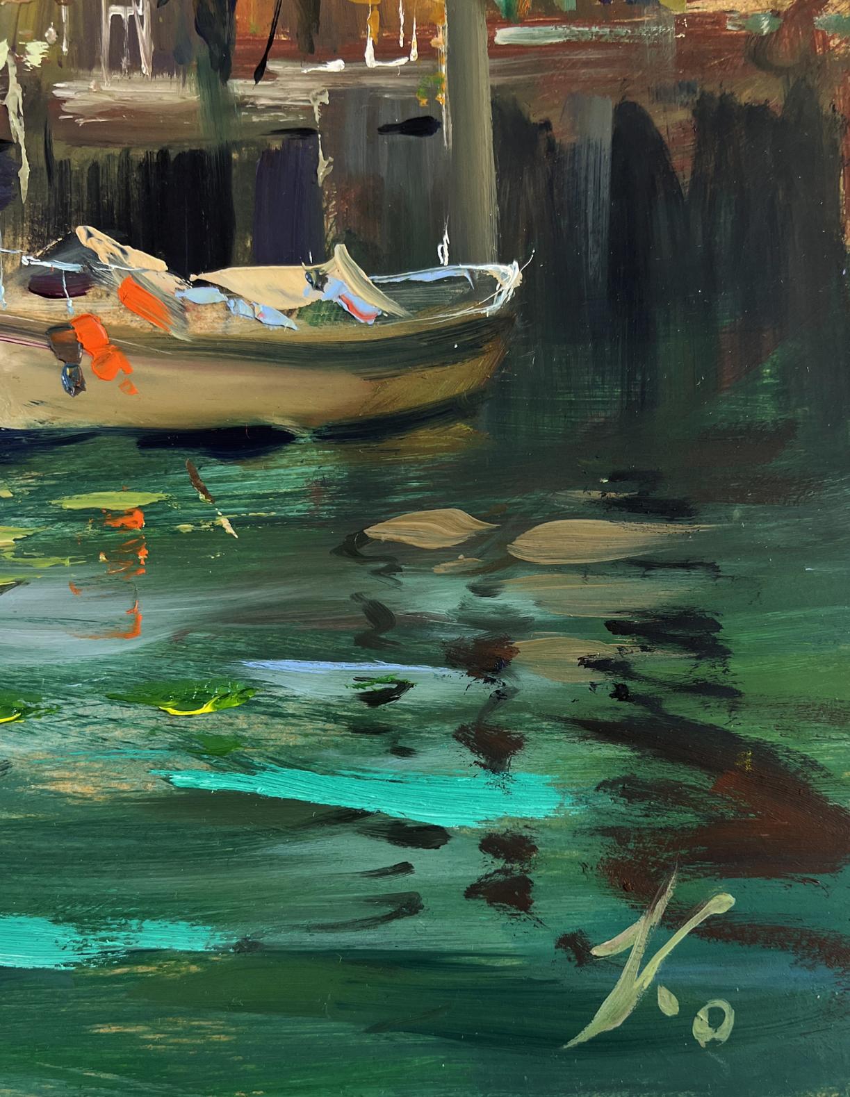 Weathered beige rowboat with paint splatters in green waterway oil painting by Yuriy Suprunchuk