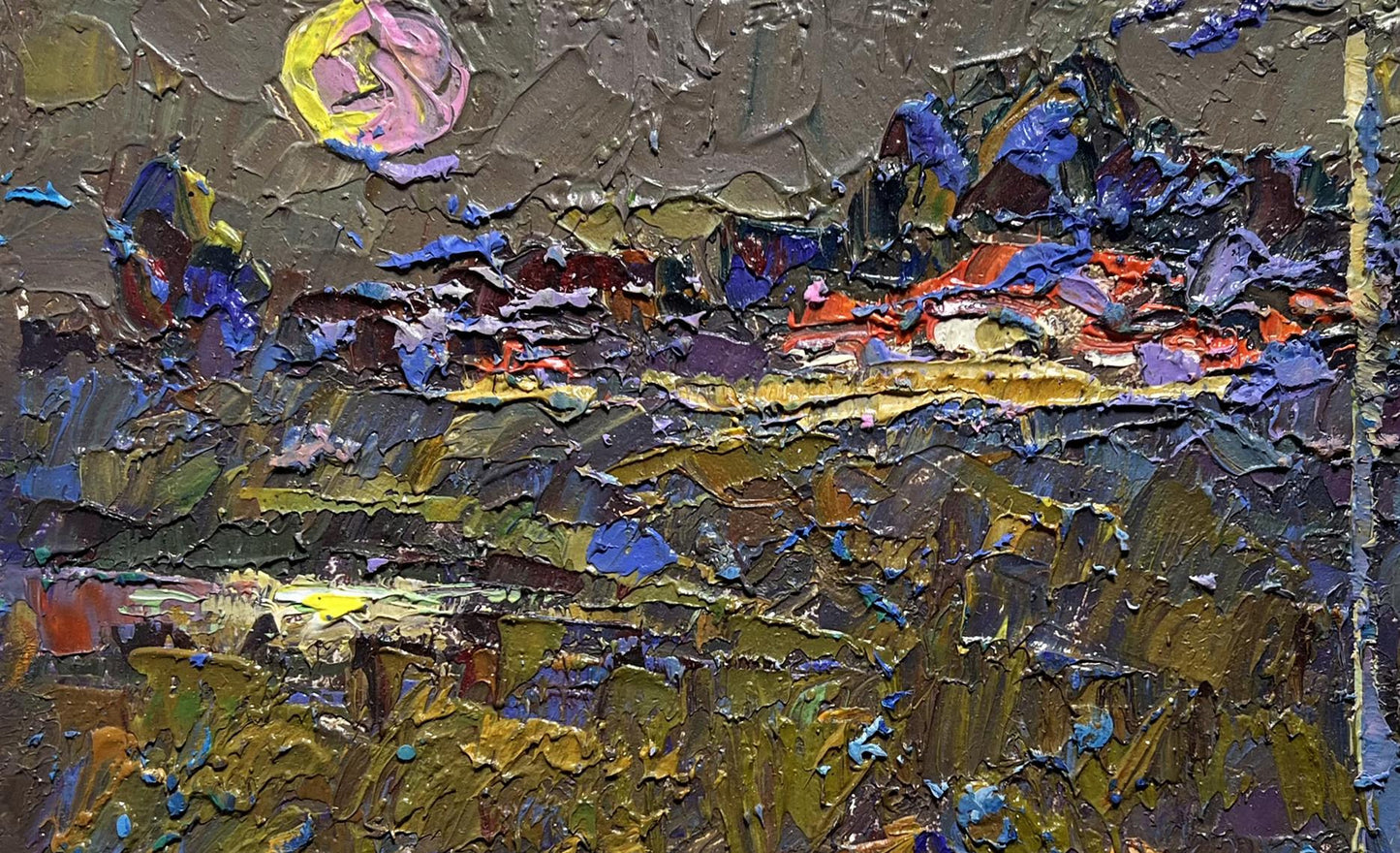 Moonlit night in autumn oil painting by Oleksiy Ivanyuk with impasto landscape
