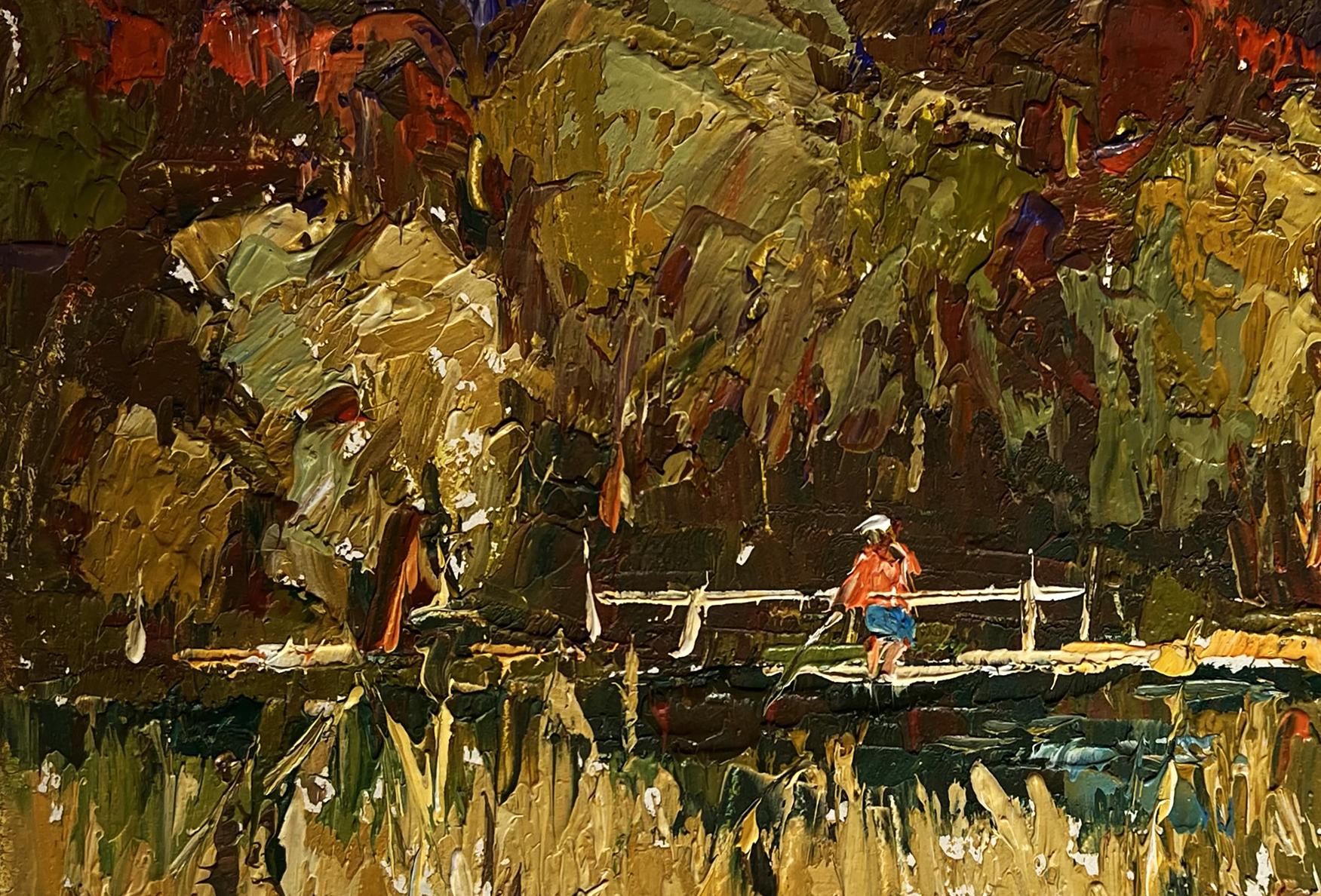 Oil painting Field and a river nearby by Oleksiy Ivanyuk, lone figure on bridge