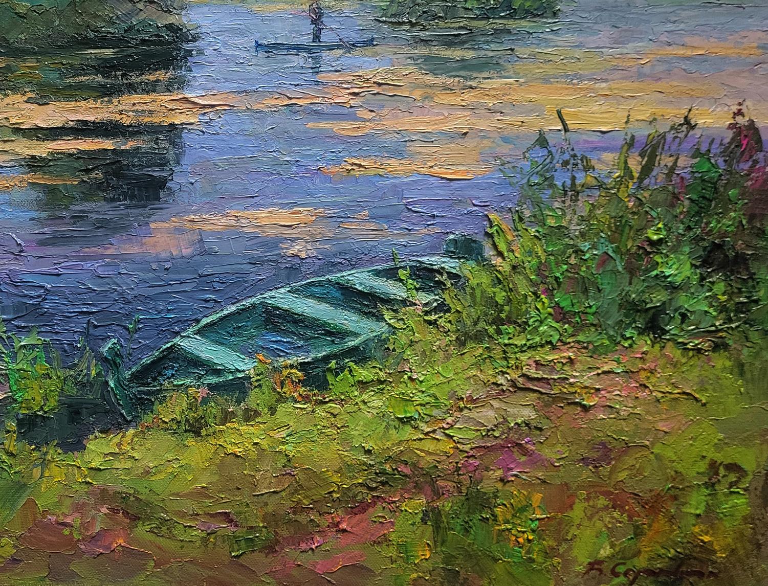 Oil painting of weathered teal rowboat on pond by Boris Serdyuk