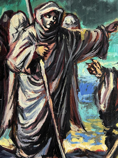 Dramatic oil painting of hooded messenger with staff by Alexander Litvinov