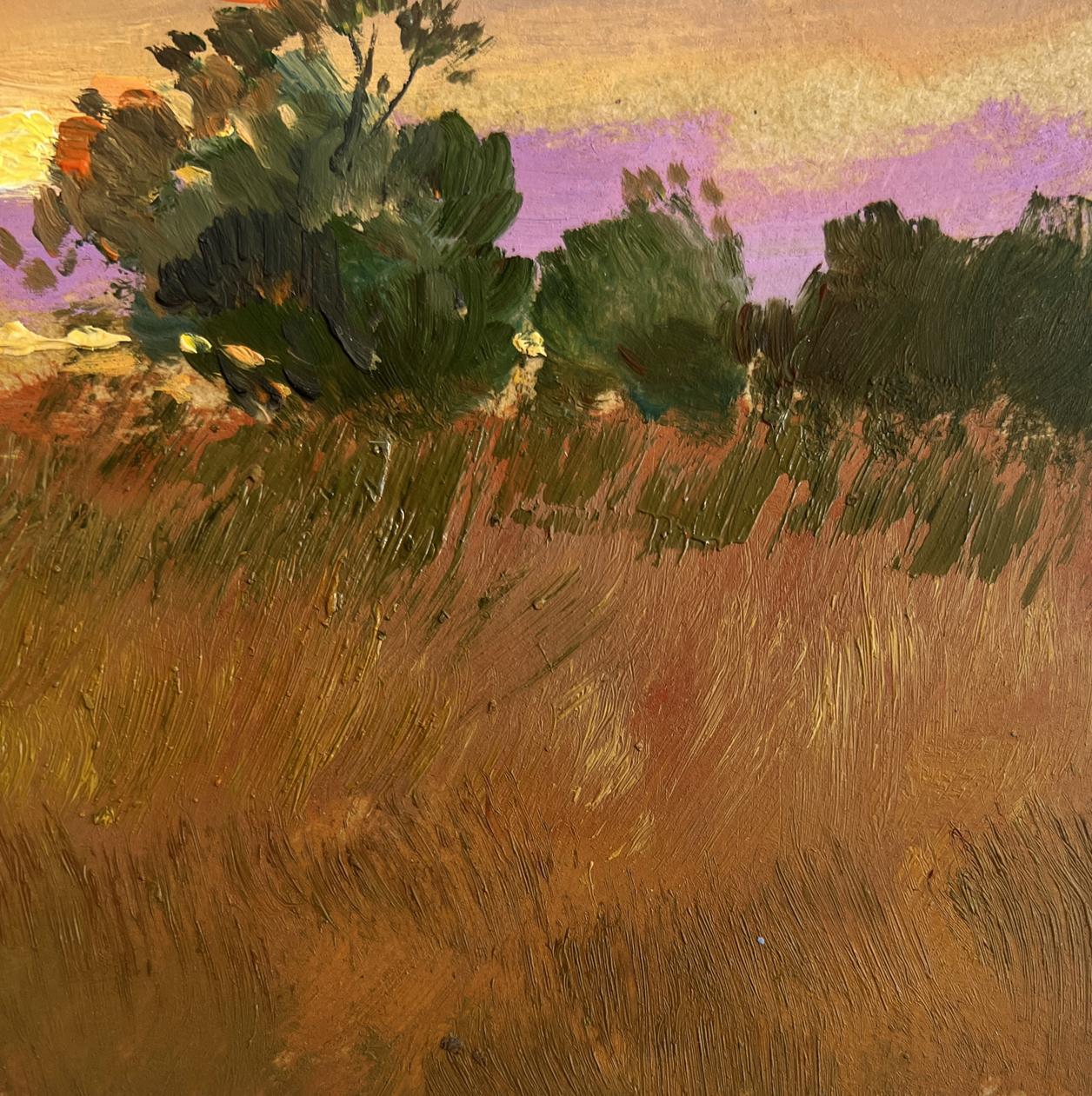 Oil painting Gold of the passing day by Yuriy Suprunchuk, golden grass field at twilight