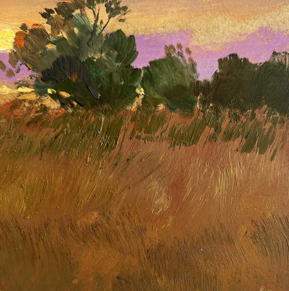 Oil painting Gold of the passing day by Yuriy Suprunchuk, golden grass field at twilight