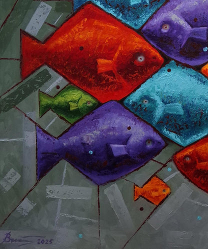 Vibrant abstract oil painting Eleven Brightly Colored Fish by Sergiy Voichenko
