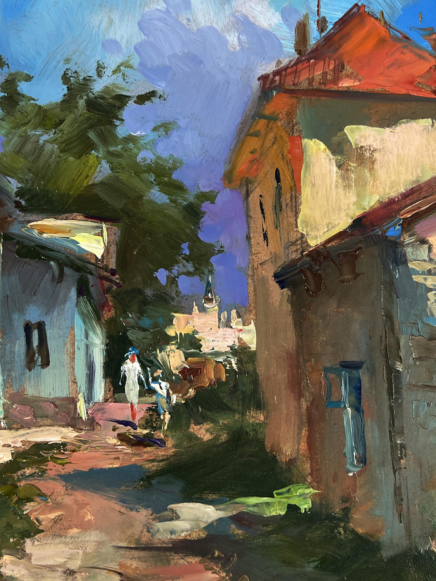 Vibrant impressionist oil painting by Yuriy Suprunchuk of sunlit village street