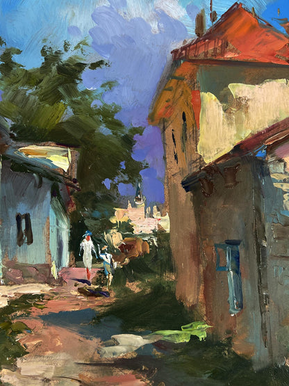 Vibrant impressionist oil painting by Yuriy Suprunchuk of sunlit village street
