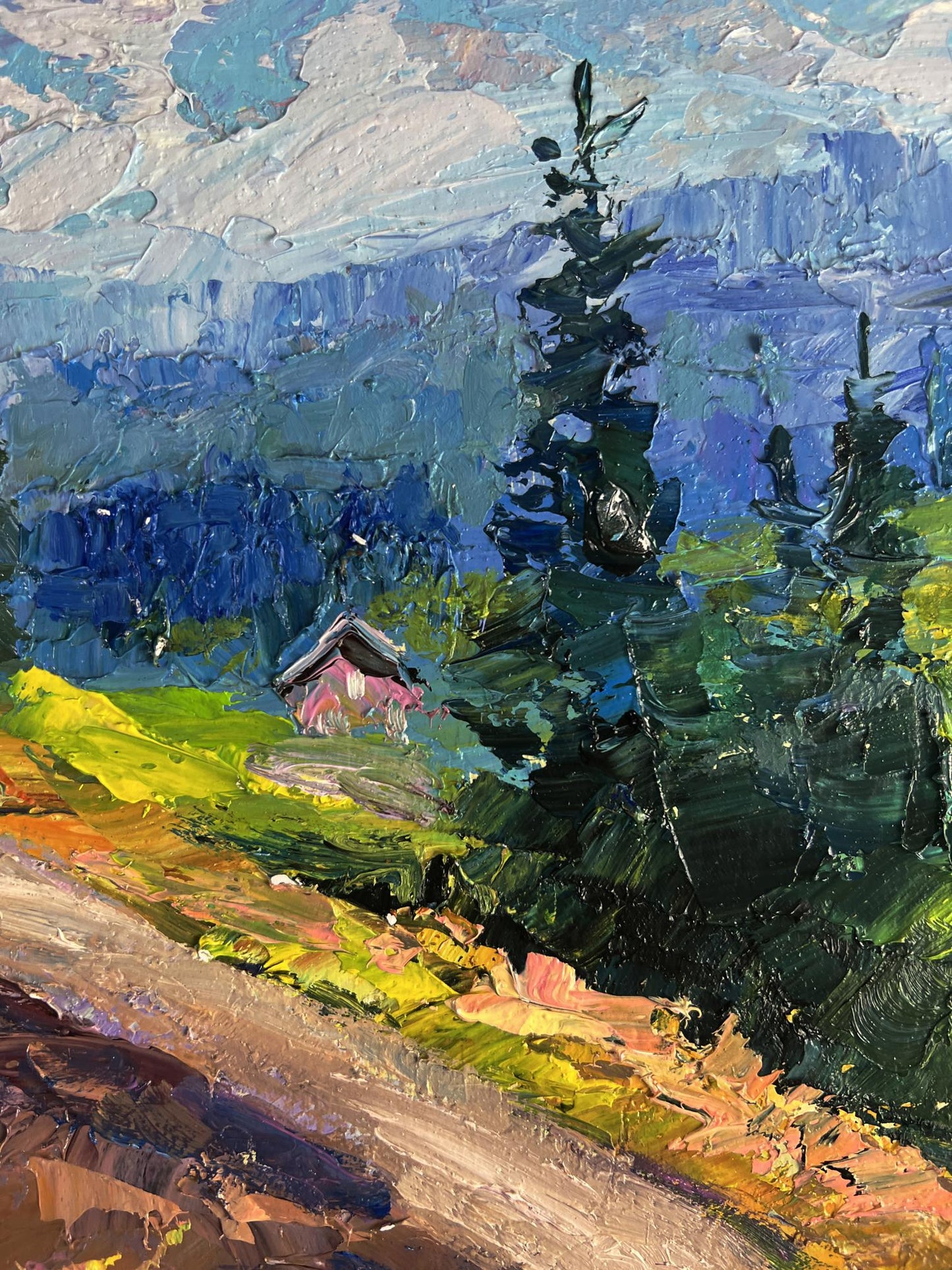 Oil painting Fresh mountain air by Boris Serdyuk: pink house in green hills