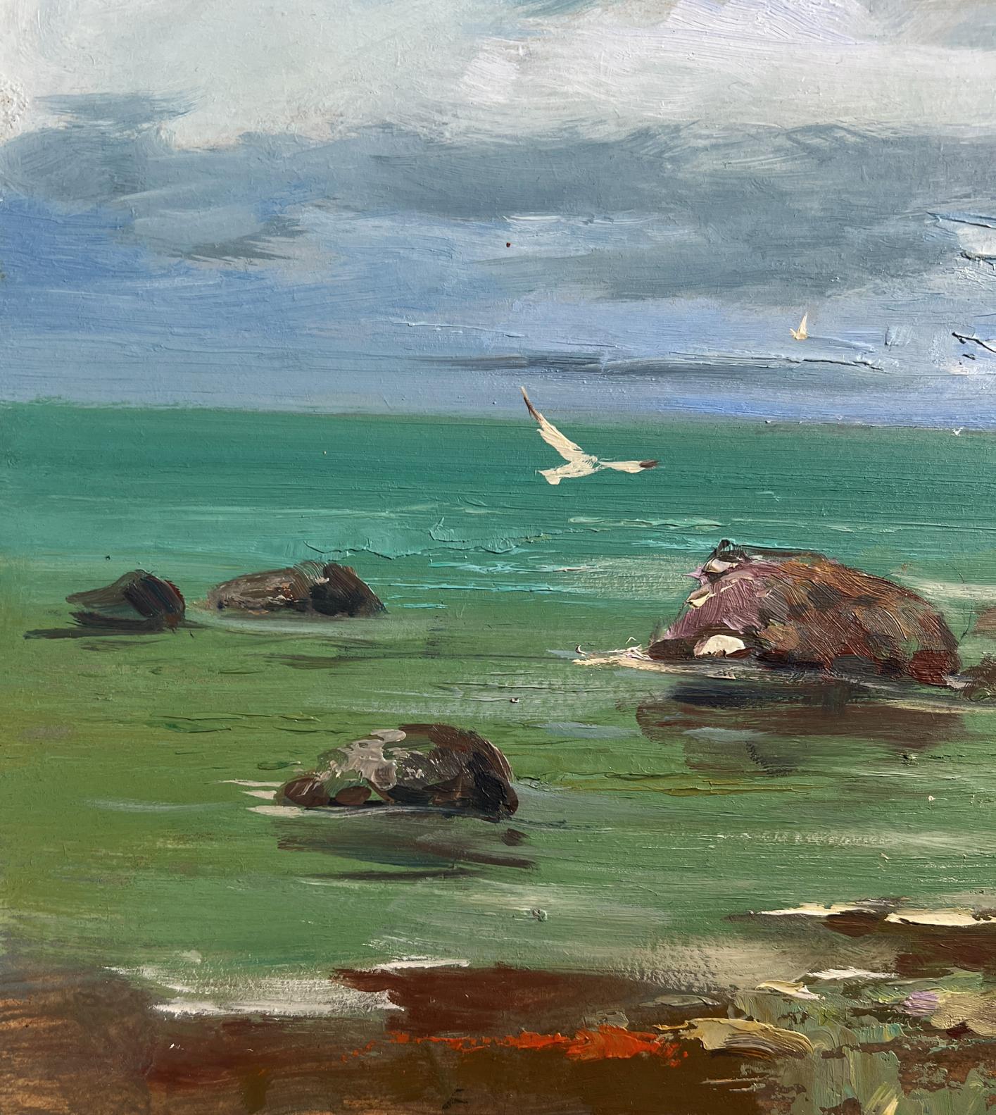 White seagull soaring over turquoise water in Bound by the Current oil painting by Yuriy Suprunchuk