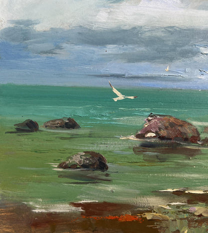 White seagull soaring over turquoise water in Bound by the Current oil painting by Yuriy Suprunchuk