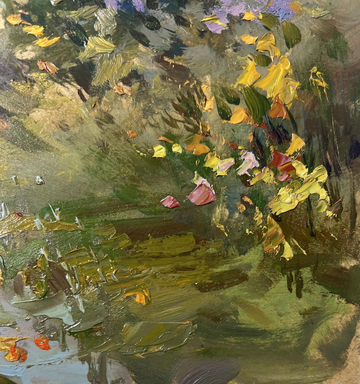 Oil painting of forest path by Yuriy Suprunchuk with vibrant textured leaves