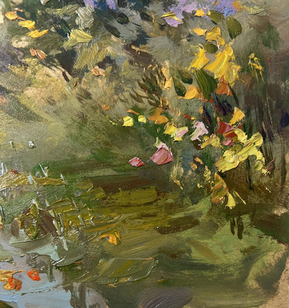 Oil painting of forest path by Yuriy Suprunchuk with vibrant textured leaves