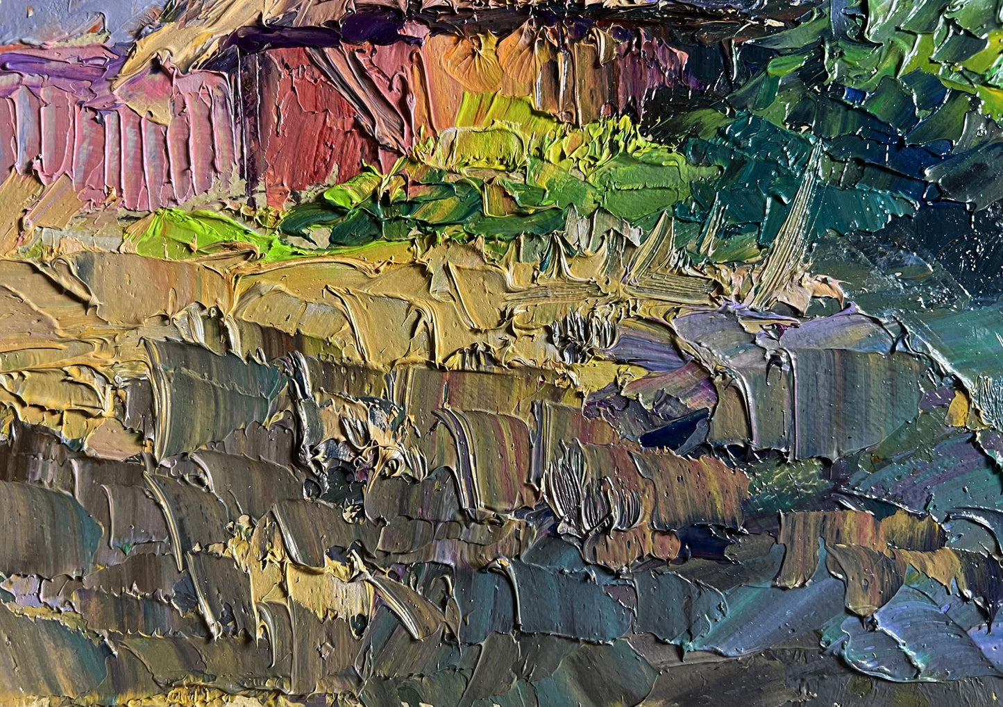 Vibrant impasto oil painting of house in field by Boris Serdyuk