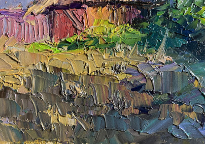 Vibrant impasto oil painting of house in field by Boris Serdyuk