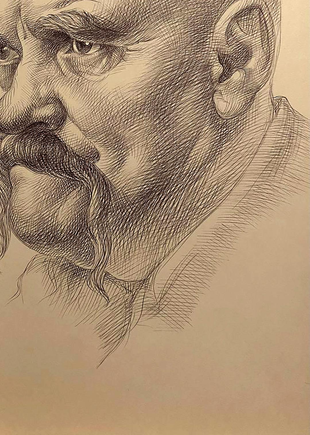 Detailed pencil sketch portrait of mustached man by Natalia Bulat
