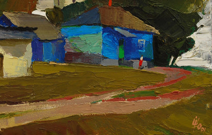 Oil painting of blue house with brown roof, green accents, gloomy gray sky by Egor Shvachunov