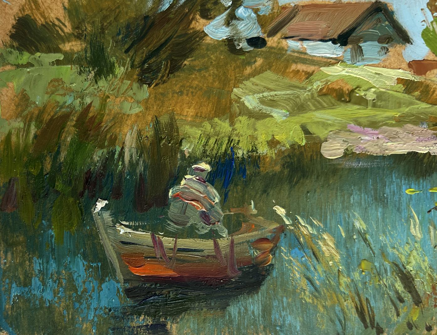 Rustic rowboat with red brown accents on calm water oil painting by Yuriy Suprunchuk