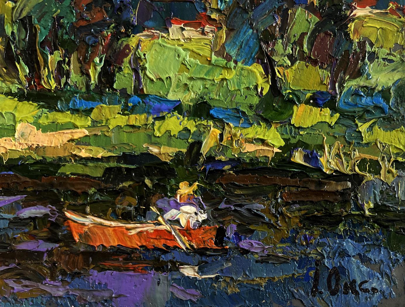 Oil painting Sunny day by the river by Oksana Ivanyuk red boat scene