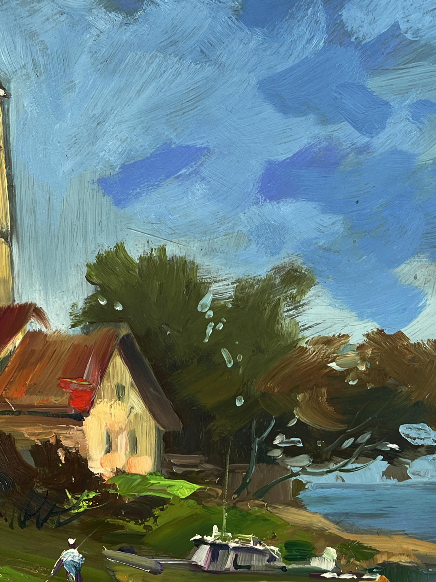 Oil painting by Yuriy Suprunchuk: rustic yellow house with red roof among trees