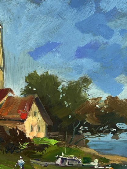 Oil painting by Yuriy Suprunchuk: rustic yellow house with red roof among trees