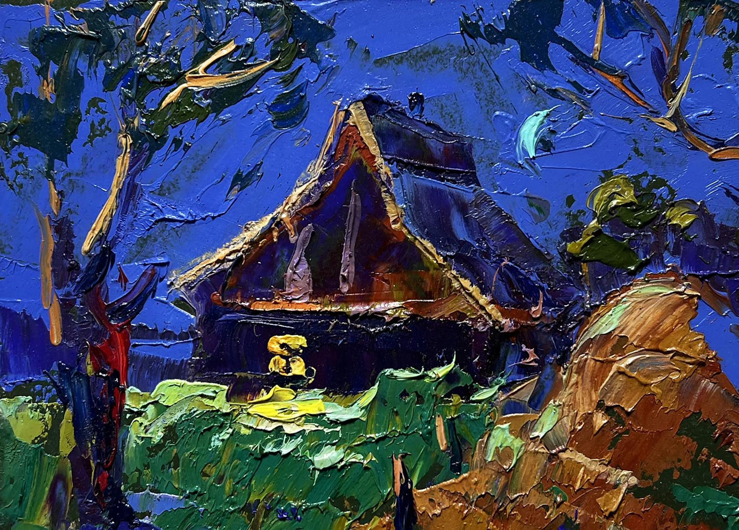 Oil painting of cozy moonlit night by Oleksiy Ivanyuk with glowing lantern